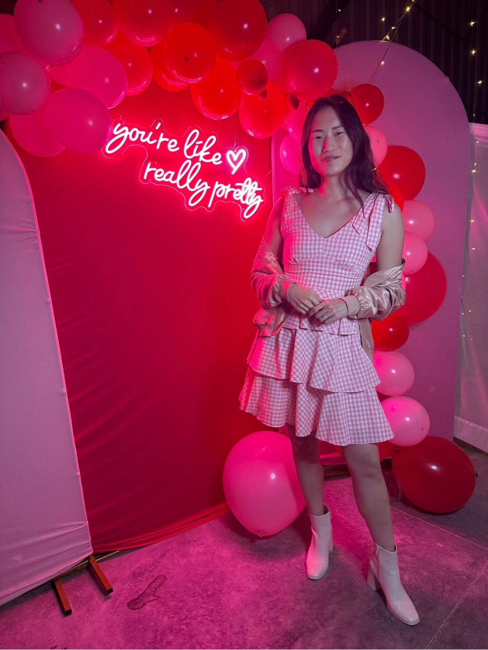 Pink Gingham Tiered Mini Dress with V-Neck